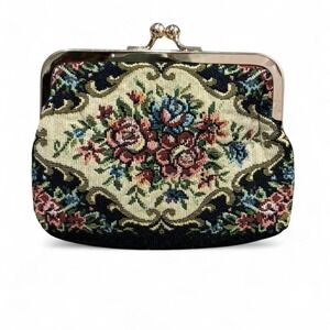Floral tapestry coin purse with gold metal frame from Austria cottage core vibe